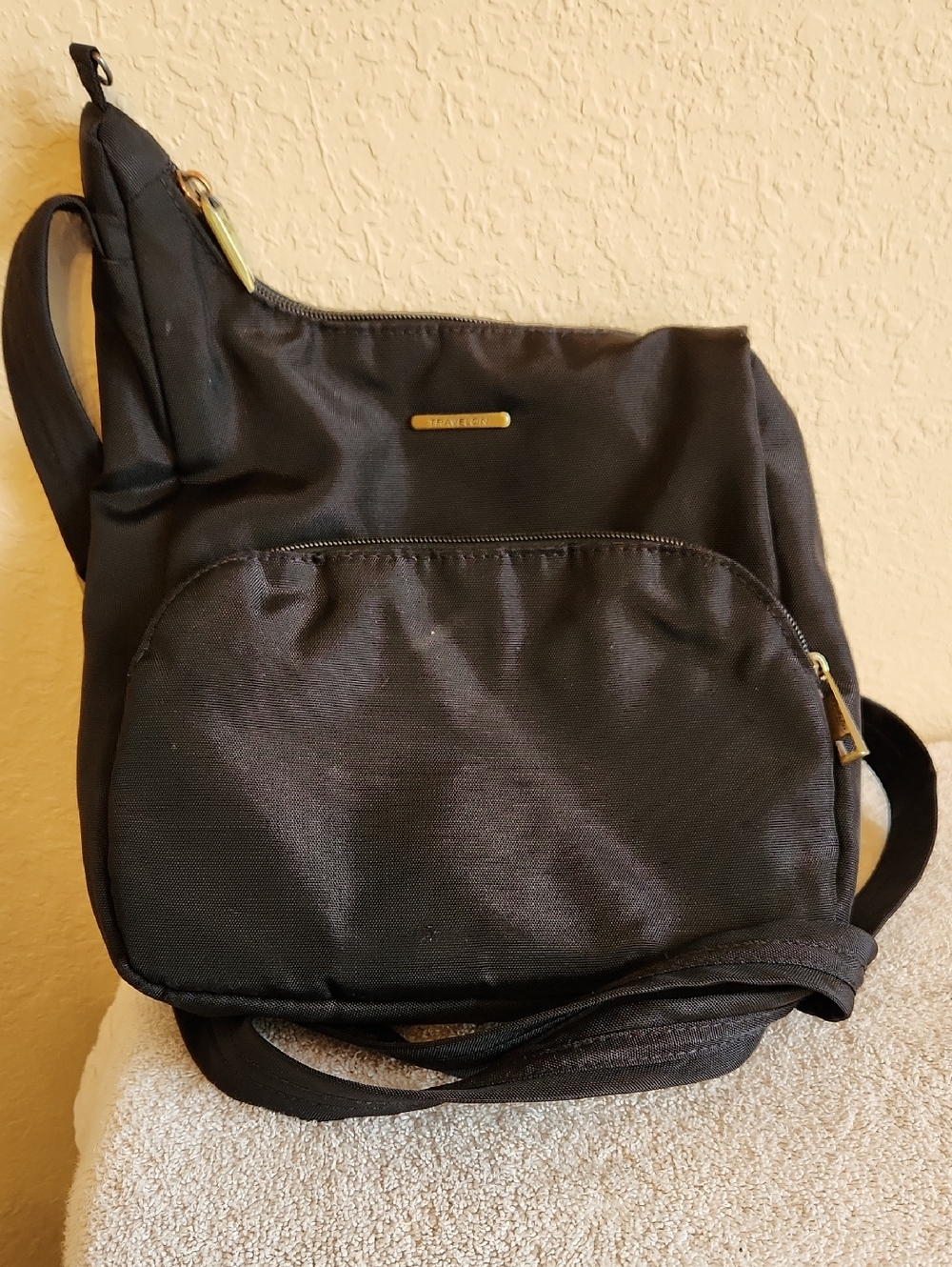 Travelon Black Crossbody Sling Bag with Antique-Gold Hardware